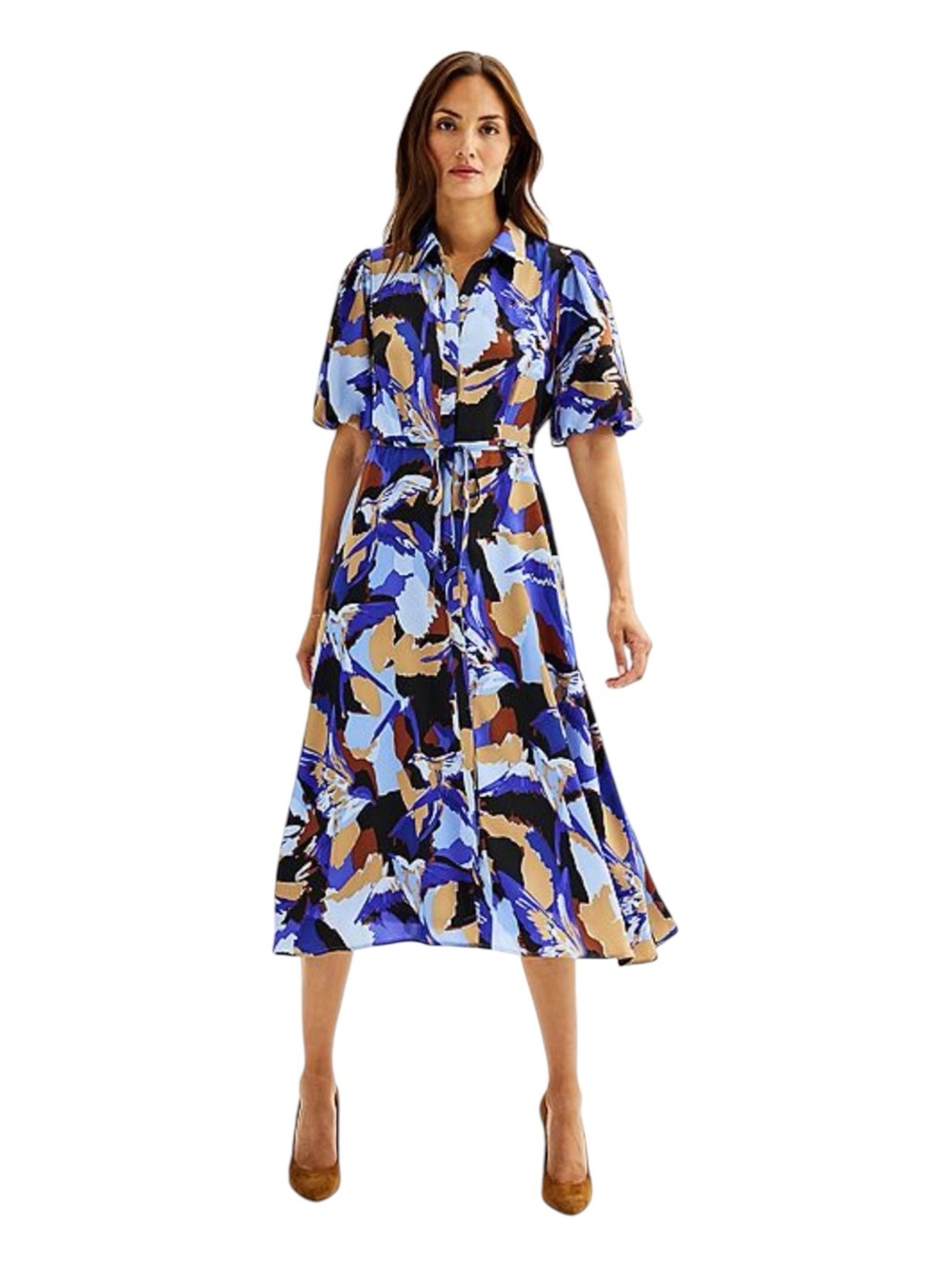 Nine West Satin Collared Midi Dress - Puff Balloon Sleeve - Button Down w/ Belt - Picture 7 of 10